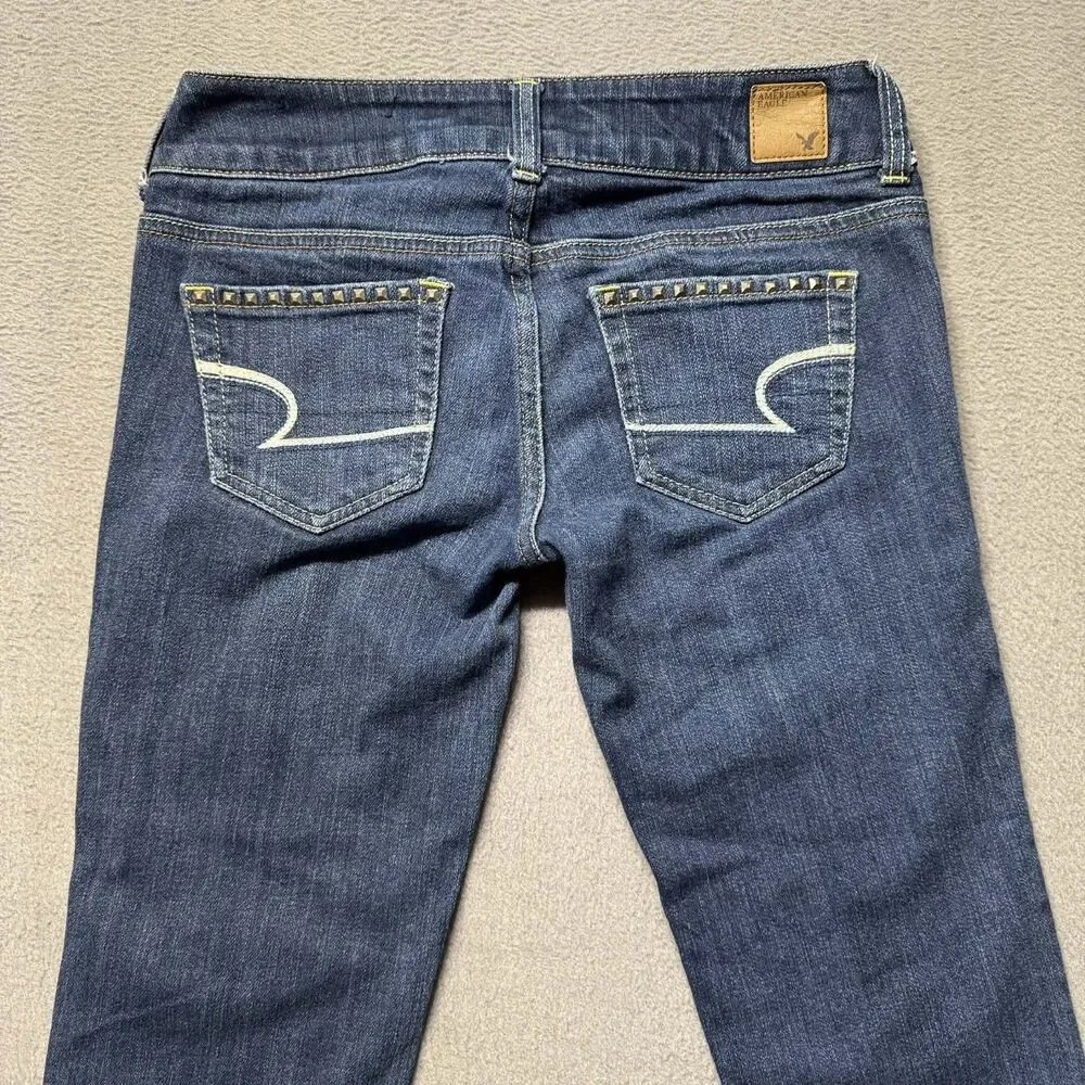 American Eagle Womens 2 Regular Artist Crop Jeans Dark Wash Studded Denim EUC